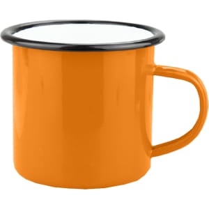 An orange enamel camper mug with a black rim and a handle. It features a logo or branding.