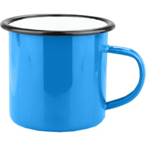 A blue enamel camper mug with a black rim and handle, featuring a smooth, shiny surface.