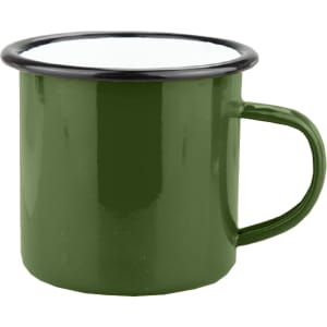 A green enamel camper mug with a black rim and a handle, featuring a simple design.