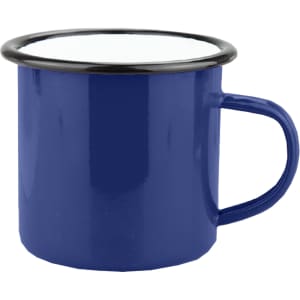 A blue enamel camper mug with a black rim and a sturdy handle, featuring a logo on its surface.