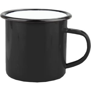 A black enamel camper mug with a white interior and a sturdy handle. It features a simple design and has branding.