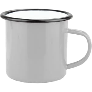 A grey enamel camper mug with a black rim and a sturdy handle. It features a logo on the side.