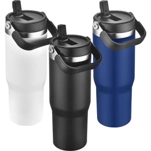 A drink bottle set featuring three travel mugs in white, black, and blue, each with a lid and handle.