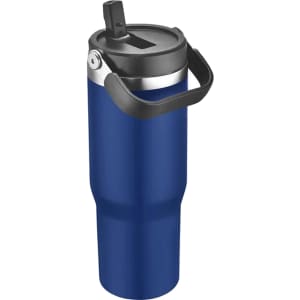 A travel mug in a vibrant blue hue with a black lid and handle. It features a logo on the side.