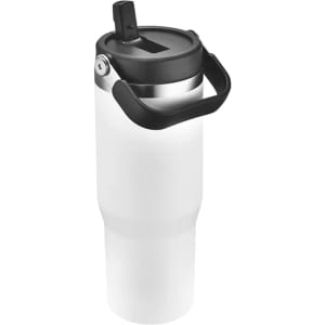 A travel mug in white and stainless steel, featuring a black handle and a flip-top lid. It has a logo on its surface.