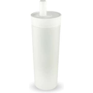 A drink bottle in a sleek white design, featuring a removable lid with a spout and a simple logo.