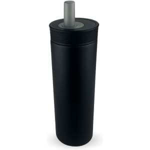 A drink bottle in matte black with a silver lid and a logo on the side.