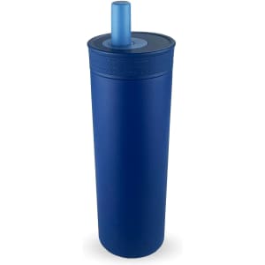 A drink bottle in a deep blue finish with a straw and a textured lid, featuring a logo. Suitable for hot and cold beverages.