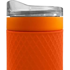 A drink bottle with an orange silicone sleeve and a clear lid. It features a textured design and has a logo.
