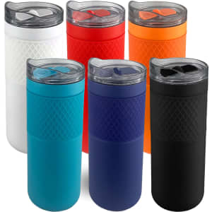 A collection of Siena Vacuum Tumblers in white, red, orange, blue, navy, and black, featuring clear lids with openings.