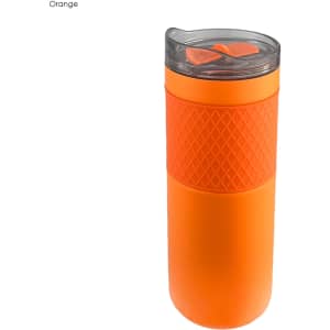 A drink bottle in vibrant orange features a textured grip and a clear lid with a sliding opening. It has a logo.