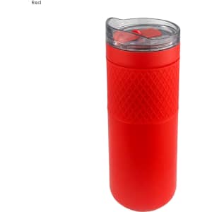 A red vacuum tumbler with a textured grip and a clear lid, featuring a logo on the side.