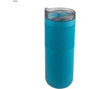 A drink bottle in teal with a textured grip and a clear, twist-on lid. It features a logo on the body.