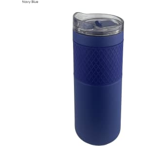 A drink bottle in navy blue with a textured grip and a clear lid. It has a logo on the side.