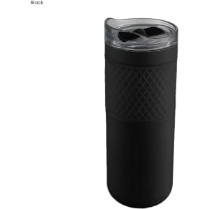 A drink bottle in matte black with a textured grip and a clear lid featuring dual openings. Includes a logo.