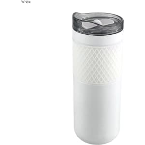 A drink bottle in white featuring a textured grip and a transparent lid. It includes a logo on the side.
