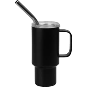 A drink tumbler in black with a handle, a straw, and a clear lid, featuring a logo.