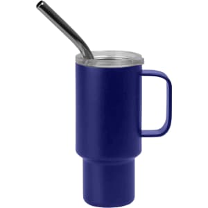 A drink bottle in deep blue with a straw, featuring a handle and a lid. It has a logo on the side.