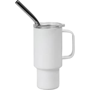 A white mini insulated tumbler with a handle and a stainless steel straw, featuring a logo.