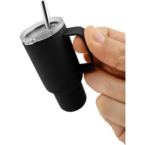 A drink tumbler in matte black with a handle, clear lid, and stainless steel straw, designed for insulation.