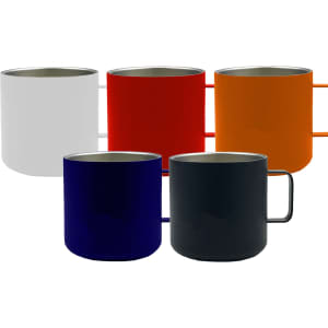 A set of five stainless steel coffee cups in white, red, orange, navy, and black, each with a handle.