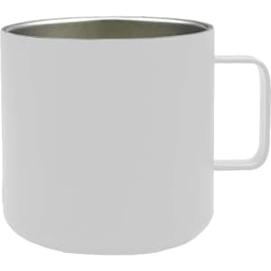 A stainless steel coffee cup in white with a sleek design and a handle, featuring a logo.