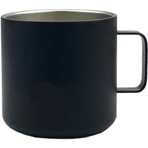 A reusable coffee cup in matte black stainless steel with a stylish handle and interior finish.