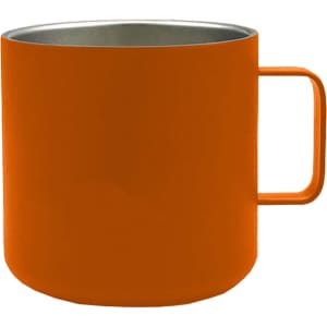 An orange stainless steel coffee cup with a handle, featuring a sleek design and a metal interior.