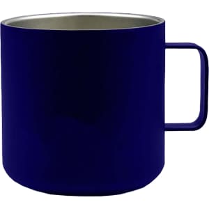 A reusable coffee cup in navy blue stainless steel with a handle and a sleek, modern design.