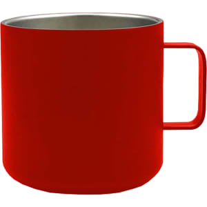 A red stainless steel coffee cup with a handle and a sleek design. It features a logo on the surface.