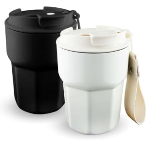 A double wall coffee cup in black and white with a lid and a handle. Both have a logo.