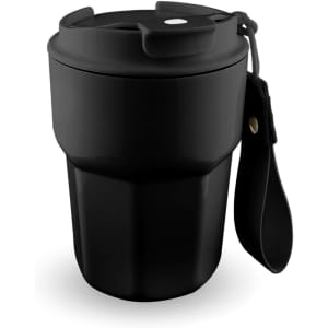 A double wall coffee cup in black, featuring a lid and a strap for easy carrying, with a logo on the side.
