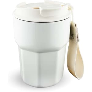 A double wall coffee cup in white with a removable strap. Features a secure lid and a modern design.