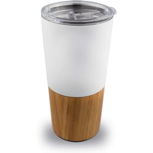 A drink bottle featuring a white upper with a bamboo lower section and a clear lid. It includes a logo.