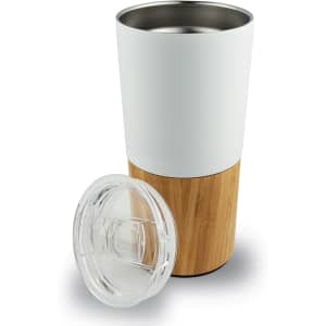 A drink bottle with a white upper section and a bamboo lower section, accompanied by a clear lid.