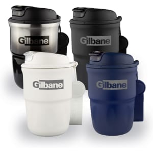 A collection of double wall coffee mugs in black, white, navy, and silver, featuring a logo on each.
