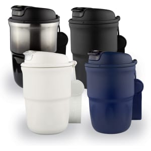 A set of four Crema Double Wall Coffee Mugs in black, white, and navy, featuring a sleek design and a logo.