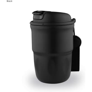 A black double wall coffee mug with a lid and a handle, featuring a sleek design and a branded logo.