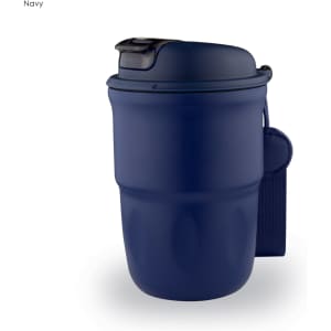A navy double wall coffee mug featuring a lid and a handle. It has a smooth finish and a logo.