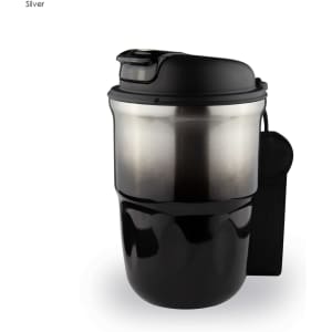 A double wall coffee mug in silver and black, featuring a secure lid and a handle for easy grip.