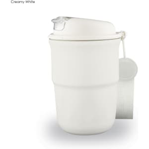A creamy white double wall coffee mug with a lid and a strap. The mug features a branding logo.