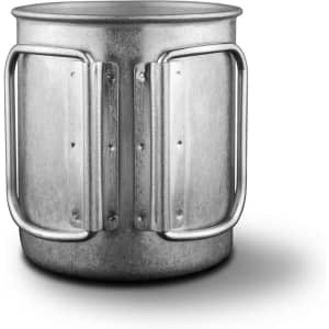 A drink bottle with a metallic finish, featuring two sturdy handles and a simple, cylindrical design.
