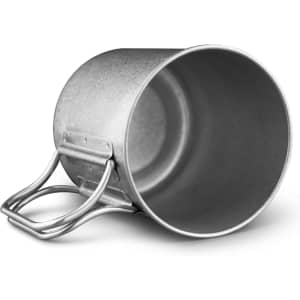 A stainless steel cup with a metallic finish and two handle grips. It has a simple, streamlined design.