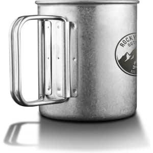 A metallic titanium cup with a sturdy handle and a branded logo, featuring a silver finish and a rugged design.