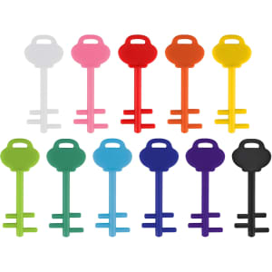 A variety of mobile key stands in white, pink, orange, red, green, blue, black, and purple. The stands have a key shape.