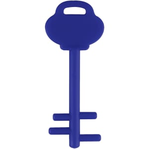 A blue mobile key stand shaped like a key, with a handle and a sturdy base for support.