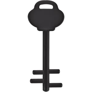 A black mobile key stand with a key shape design and a handle for easy grip.
