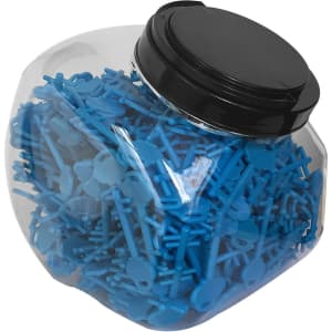 A clear jar filled with blue mobile key stands, featuring a black lid on top.