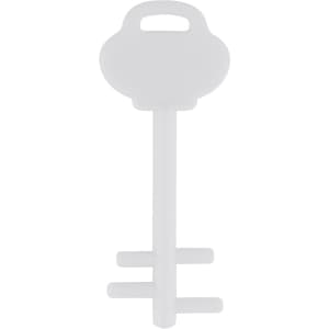A white mobile key stand in the shape of a key, featuring a handle and a simple design.