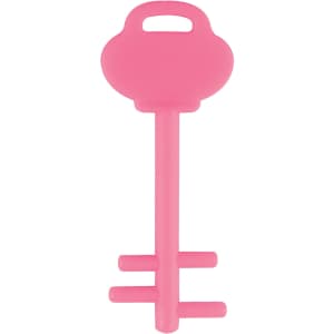 A pink mobile key stand shaped like a key, featuring a handle and a base with two prongs.